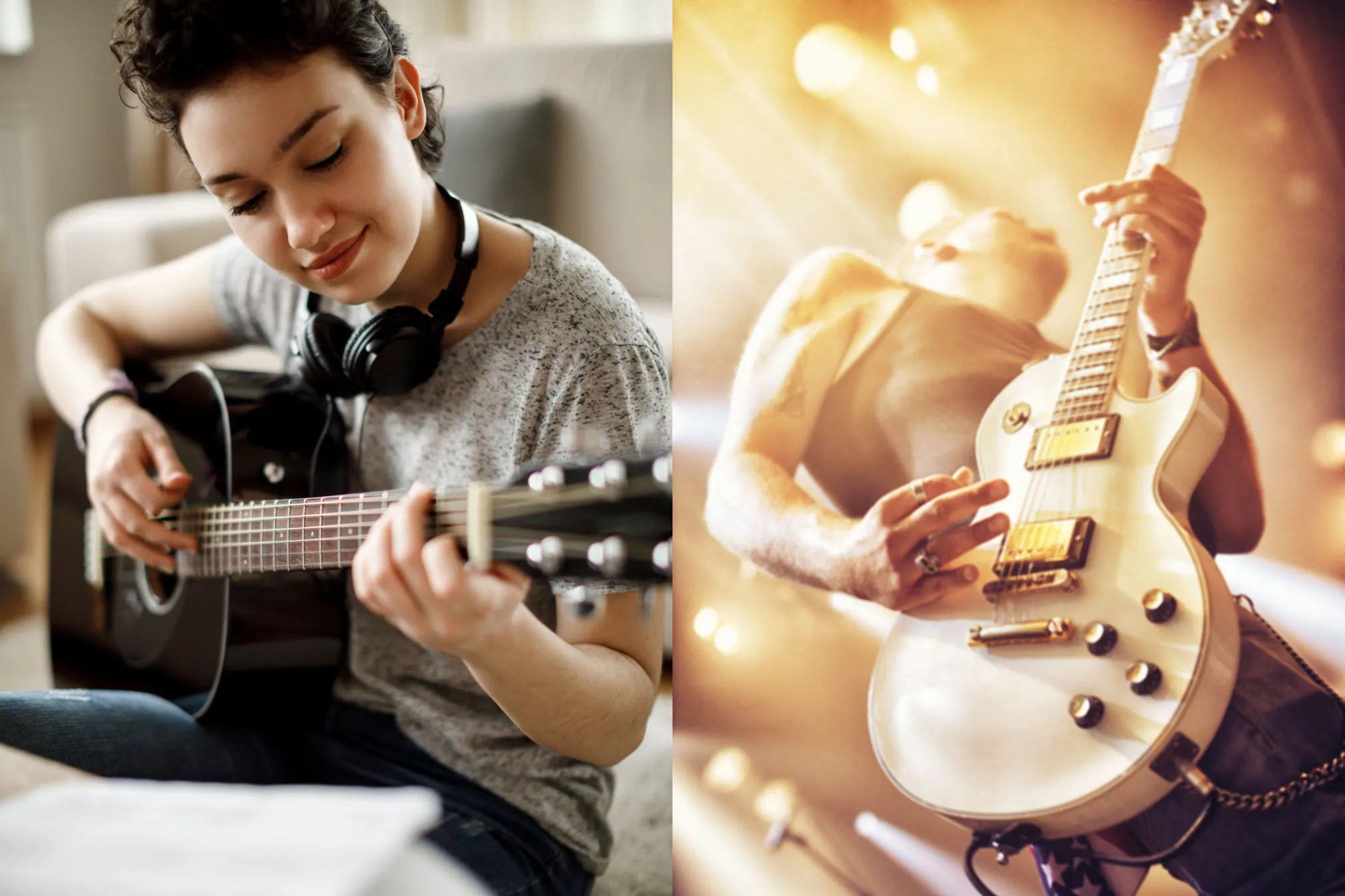 Junge Frau spielt Akustikgitarre, daneben ein Gitarrist mit E-Gitarre im Scheinwerferlicht